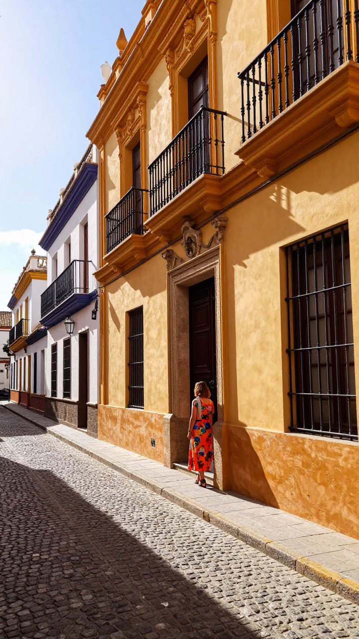 Vibrant Seville Street Scene Late Morning with Traditional Architecture and Local Life in in Seville, Spain