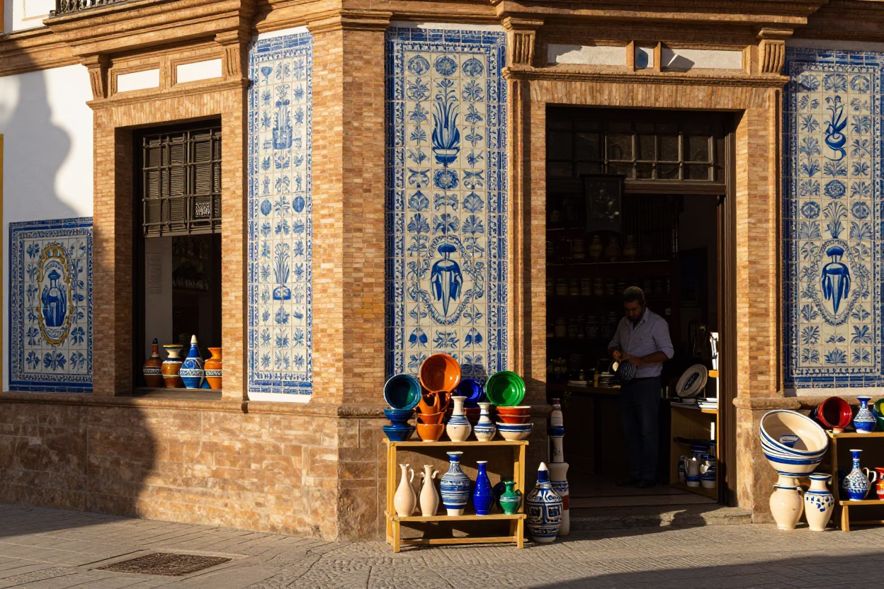 Vibrant Seville Street Scene with Traditional Pottery and Local Commerce in in Seville, Spain