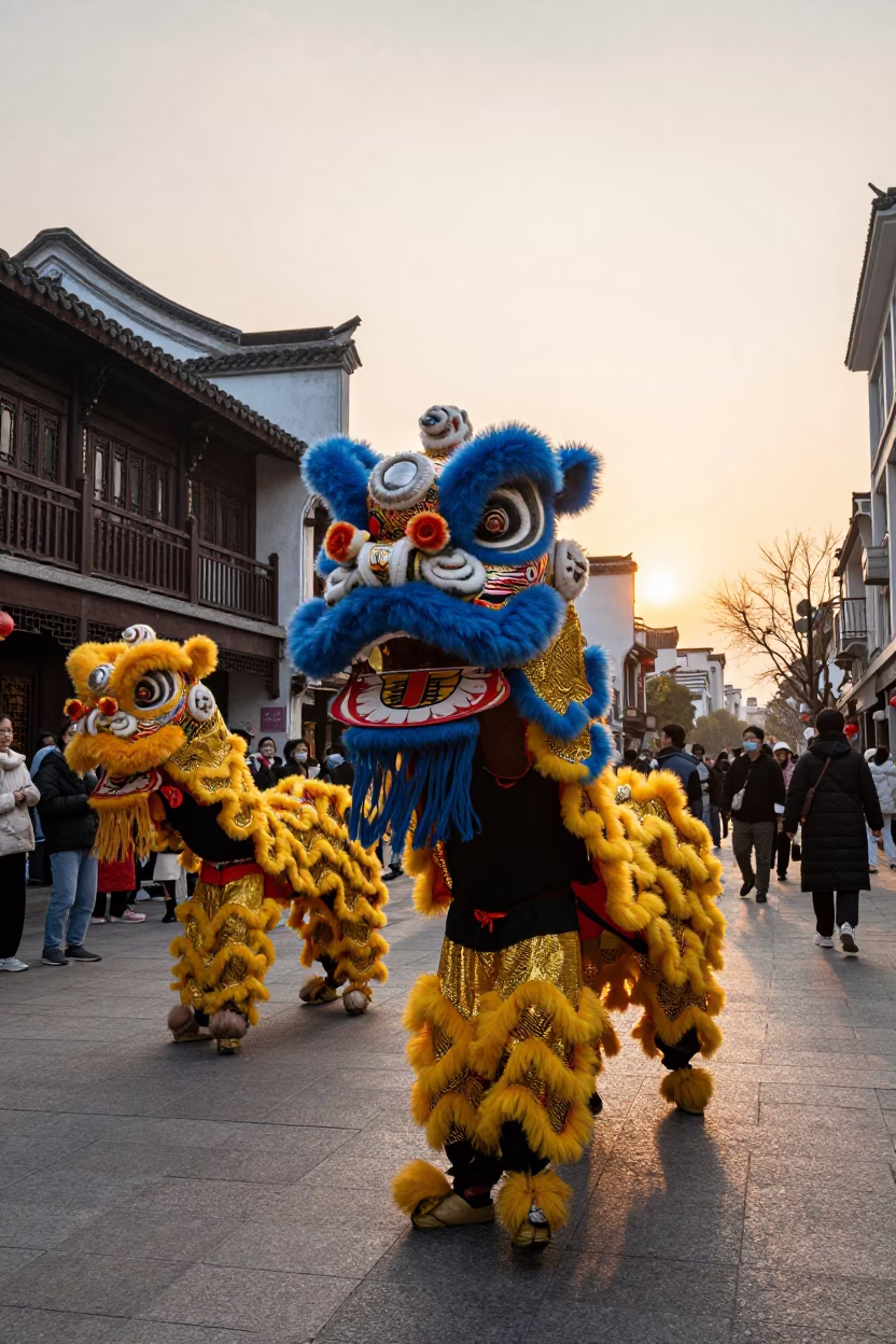 Vibrant Shanghai Street Scene with Lion Dance and Blue Porcelain at Sunset in in Shanghai, China