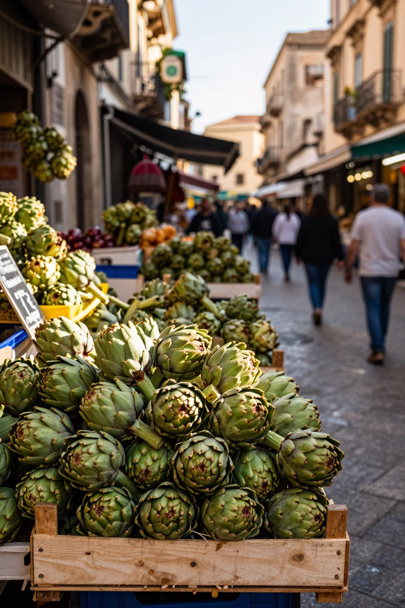 Vibrant Sicilian Street Scene in Palermo Late Afternoon with Artichokes and Jacaranda Bloom in in Palermo, Italy