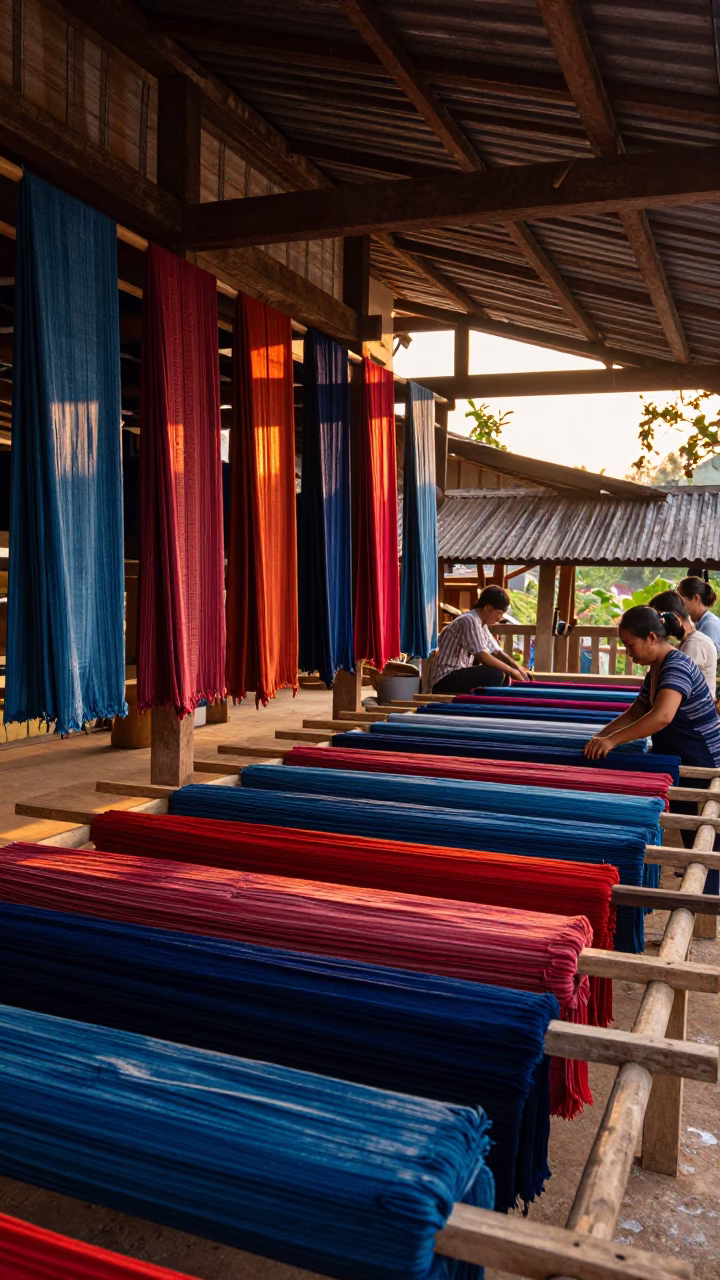 Vibrant Silk Dyeing Workshop in Luang Prabang Laos During Golden Hour in in Luang Prabang, Laos