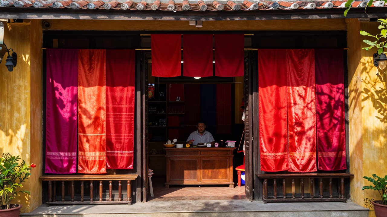 Vibrant Silk Shop Interior in Hoi An Vietnam Late Morning Sunlight in in Hoi An, Vietnam