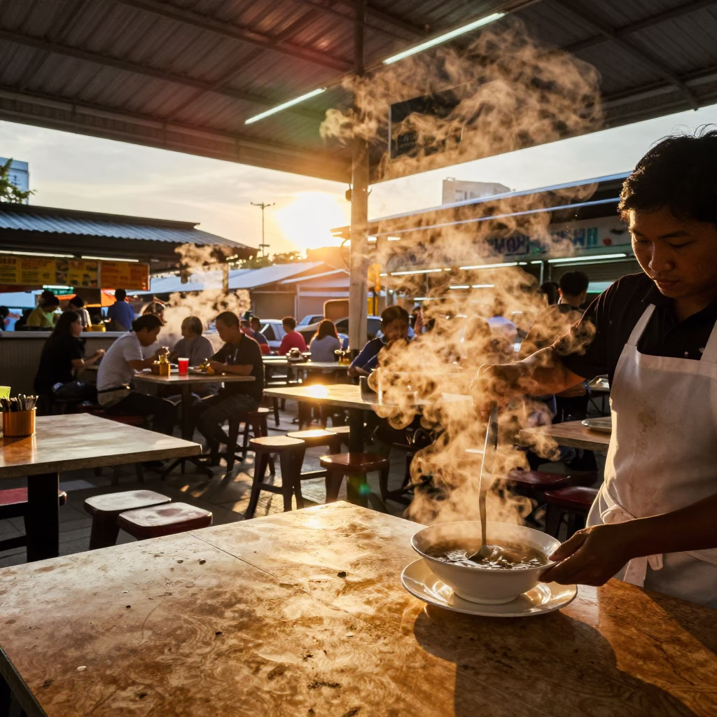 Vibrant Singapore Hawker Center Sunset Scene with Steam and Local Diners in in Singapore, Singapore
