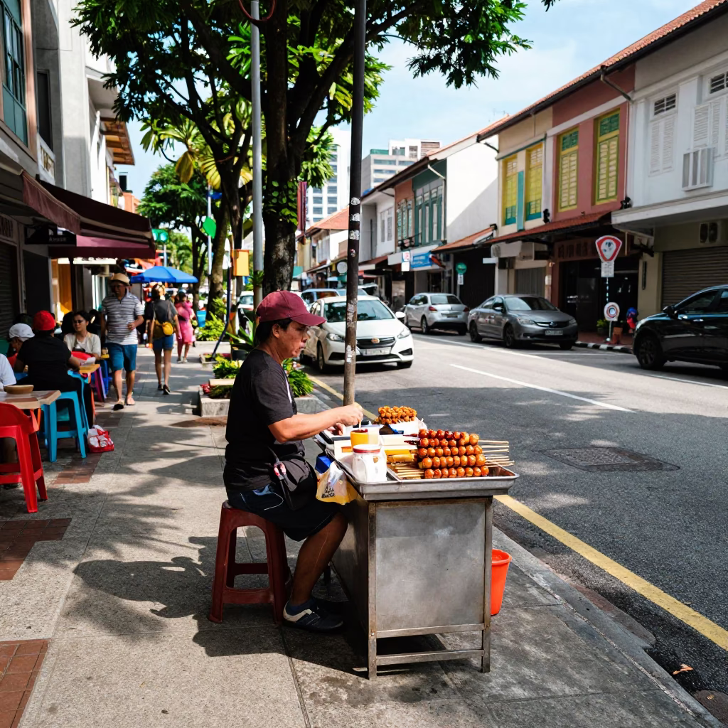 Vibrant Singapore Street Scene Early Afternoon with Traditional Snacks and Urban Life in in Singapore, Singapore