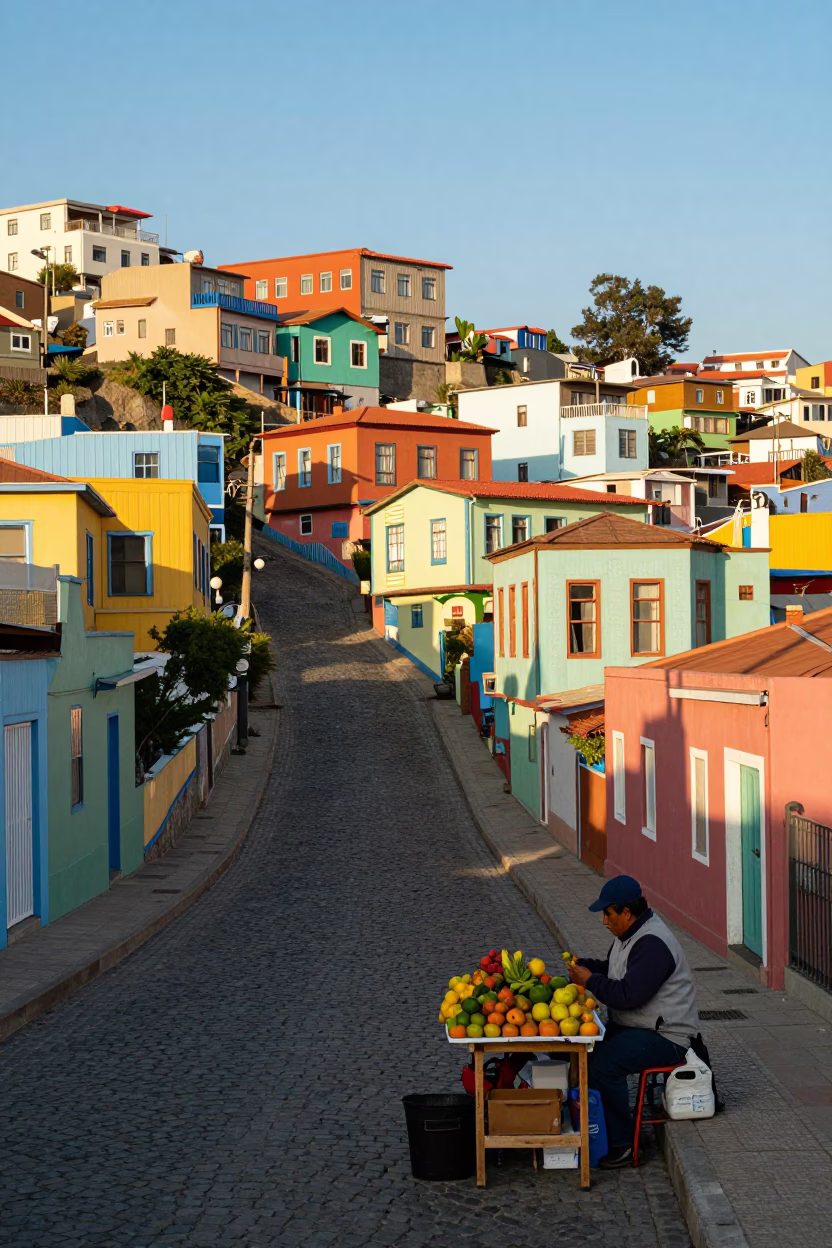 Vibrant Steep Streets and Colorful Houses in Valparaiso Chile Late Afternoon Light in in Valparaiso, Chile
