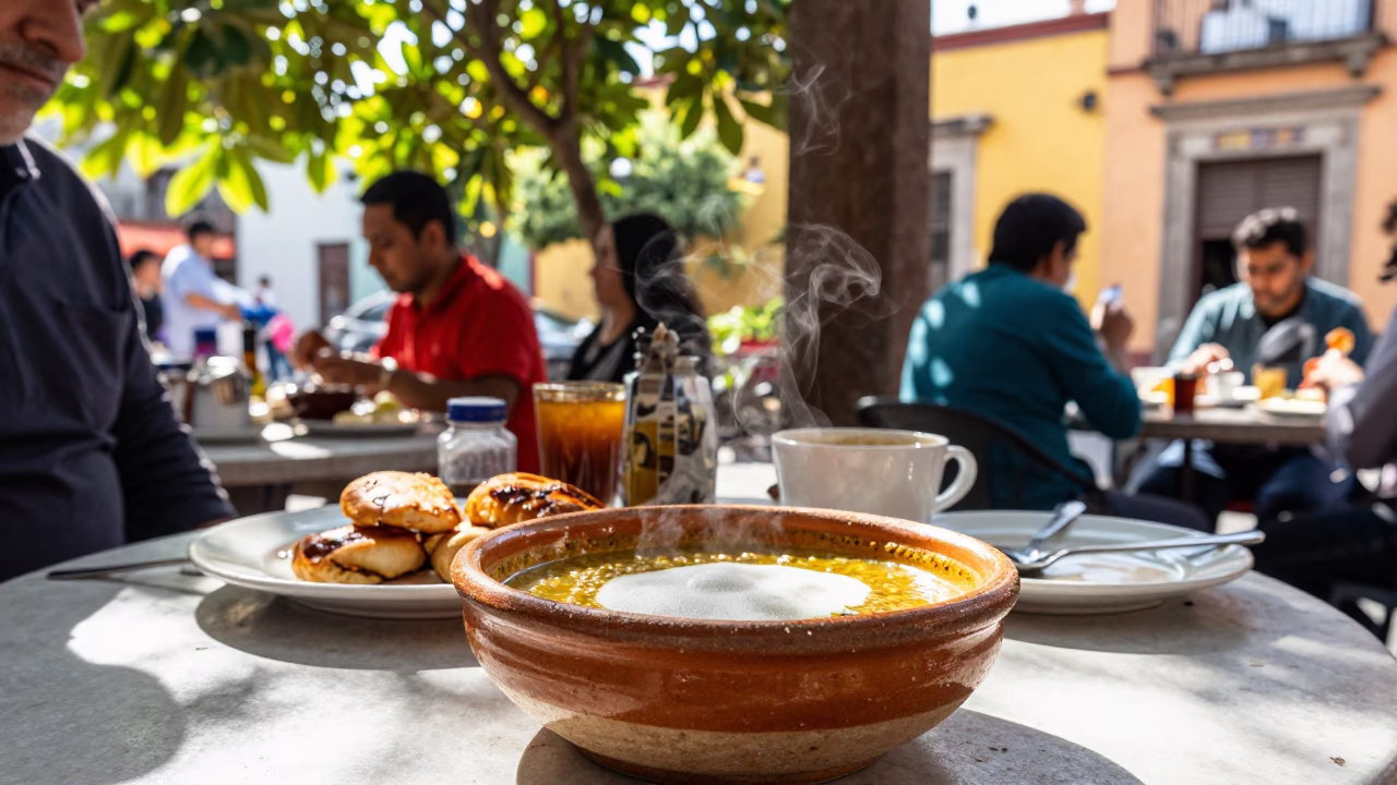 Vibrant Street Breakfast Scene in Mexico City Midmorning Light with Local Diners in in Mexico City, Mexico