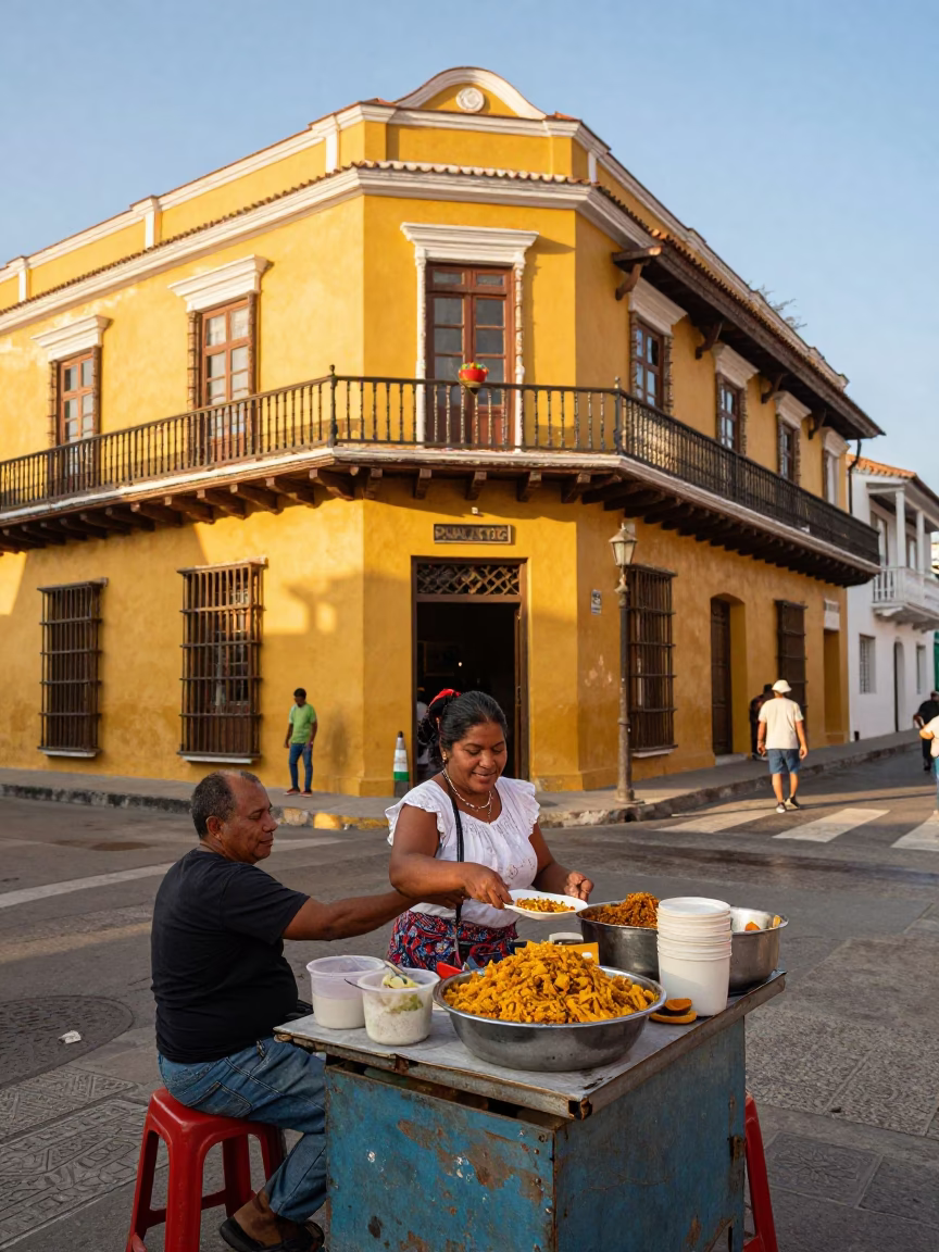 Vibrant Street Food Scene in Cartagena Colombia Late Afternoon with Dal and Naan in in Cartagena, Colombia