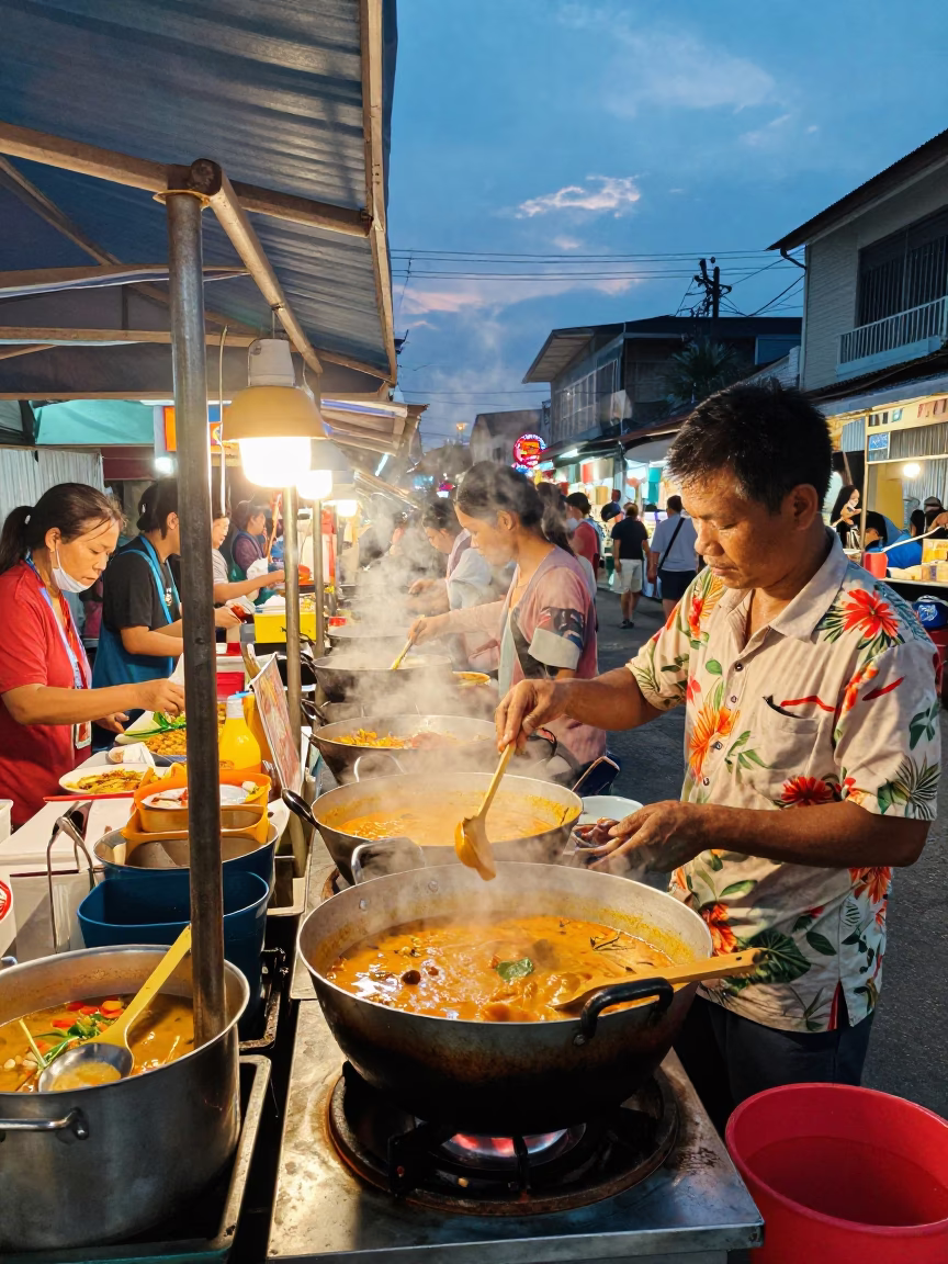 Vibrant Street Food Stall Evening in Phuket Thailand with Cooking Pots in in Phuket, Thailand