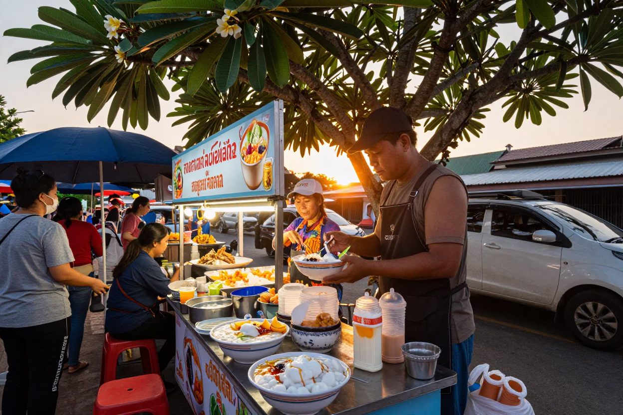 Vibrant Street Food Stall in Chiang Mai Thailand Sunset with Taho and Frangipani in in Chiang Mai, Thailand