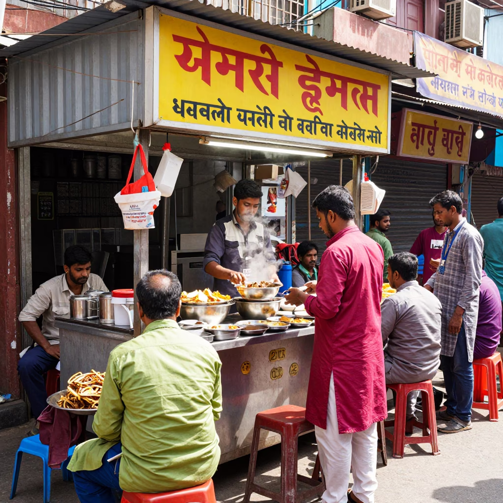 Vibrant Street Food Stall in Delhi India Midday with Bowl of Dal and Naan in in Delhi, India
