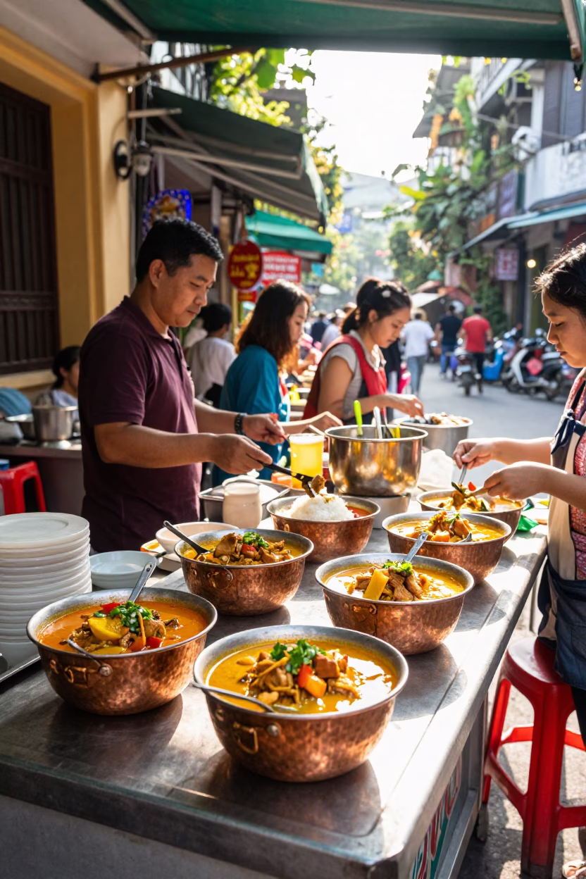 Vibrant Street Food Stall in Hanoi Vietnam Morning with Copper Bowls and Local Interaction in in Hanoi, Vietnam