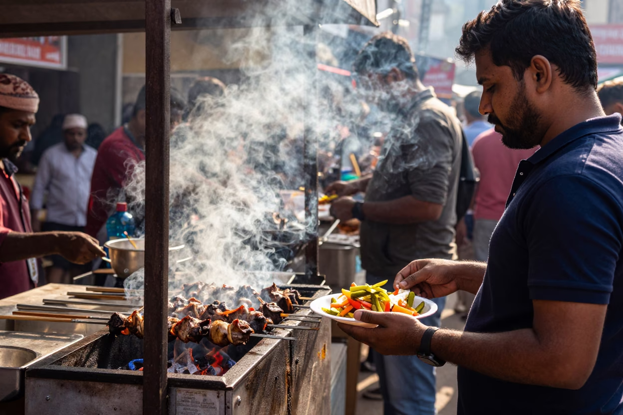 Vibrant Street Food Stall in Hyderabad India Early Afternoon Kebab Grilling in in Hyderabad, India
