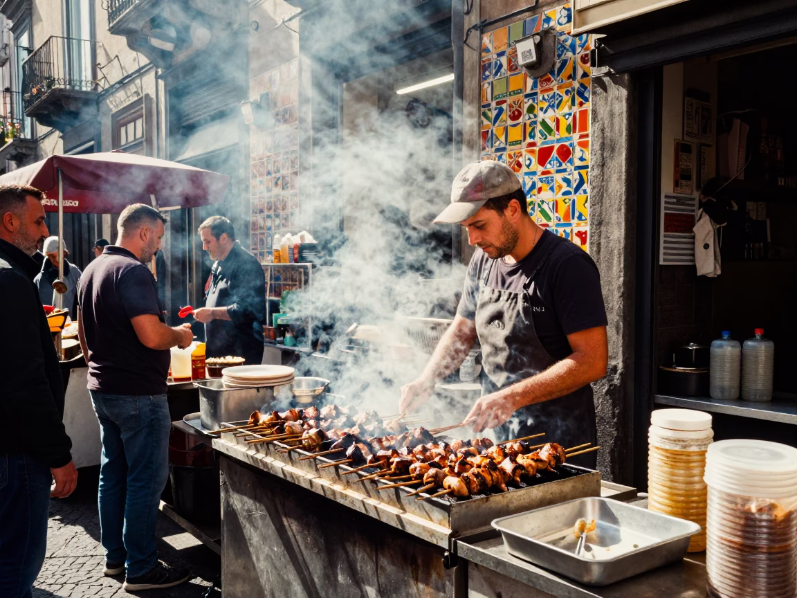 Vibrant Street Food Stall in Naples Italy Serving Grilled Kebab Over Coals in in Naples, Italy