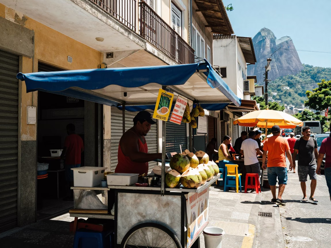 Vibrant Street Food Stall in Rio de Janeiro Brazil with Sunlight and Urban Details in in Rio de Janeiro, Brazil