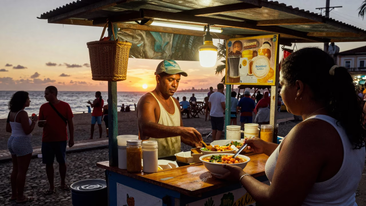Vibrant Street Food Stall in Salvador Brazil at Sunset with Local Diners in in Salvador, Brazil