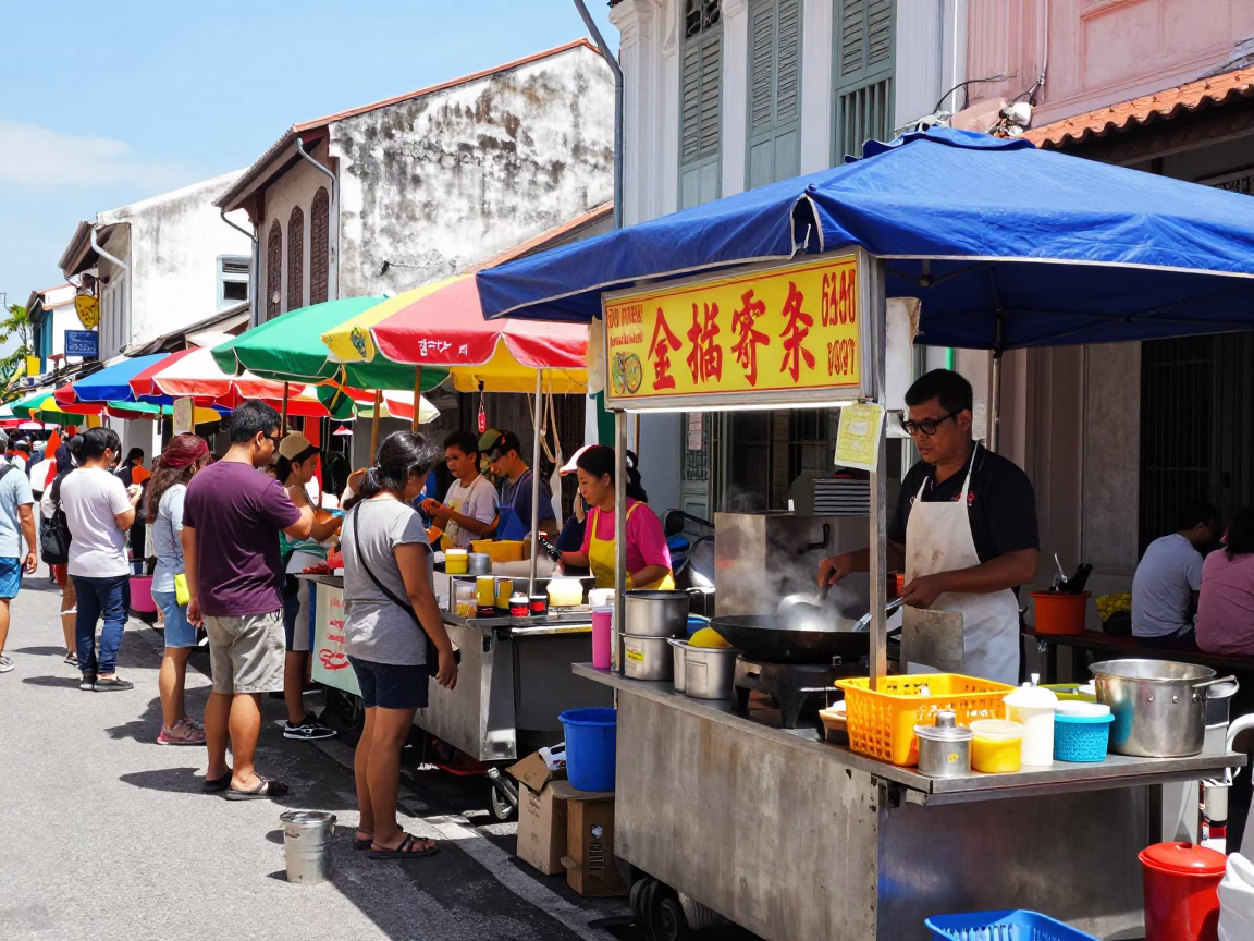 Vibrant Street Food Stall Scene in George Town Malaysia Under Noon Sunlight in in George Town, Malaysia