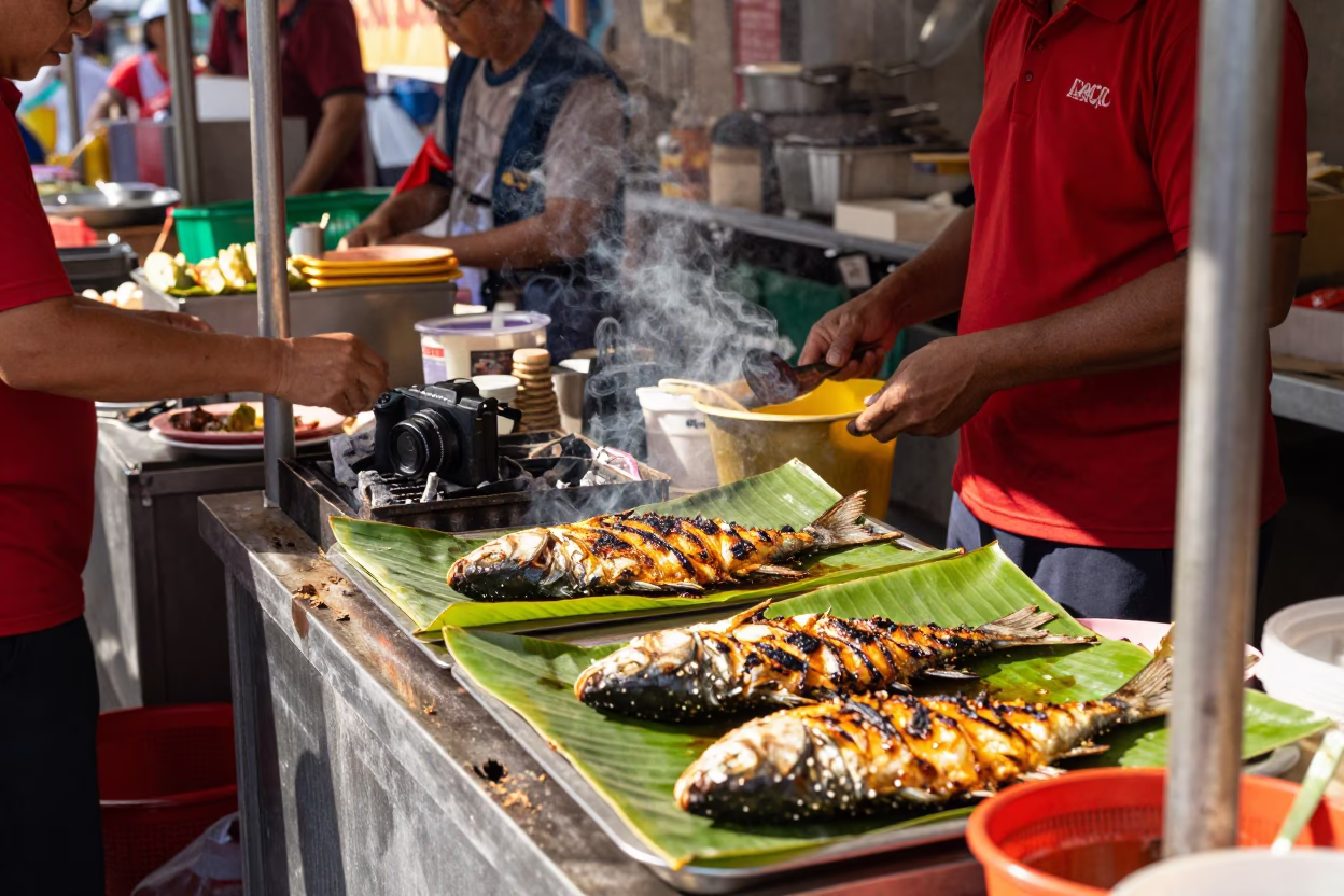 Vibrant Street Food Stall Scene in Singapore with Grilled Fish and Houseplant in in Singapore, Singapore