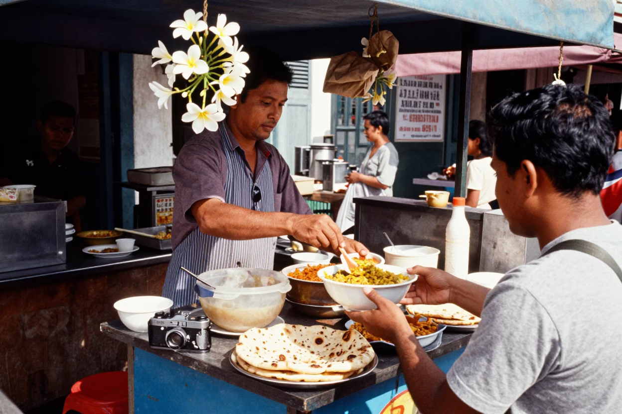 Vibrant Street Food Stall with Frangipani Bloom in George Town Malaysia Midmorning in in George Town, Malaysia
