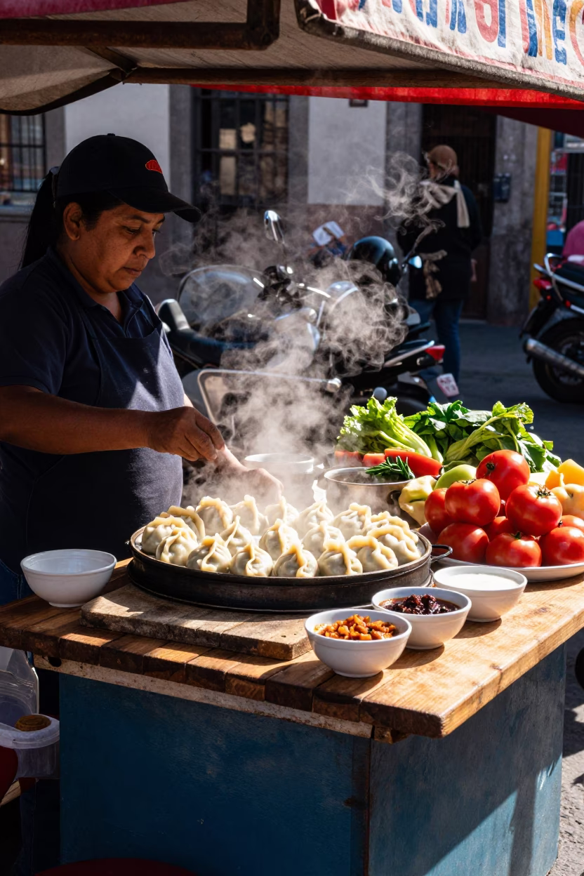 Vibrant Street Food Stall with Momos and Chutney in Mexico City Midday Sun in in Mexico City, Mexico