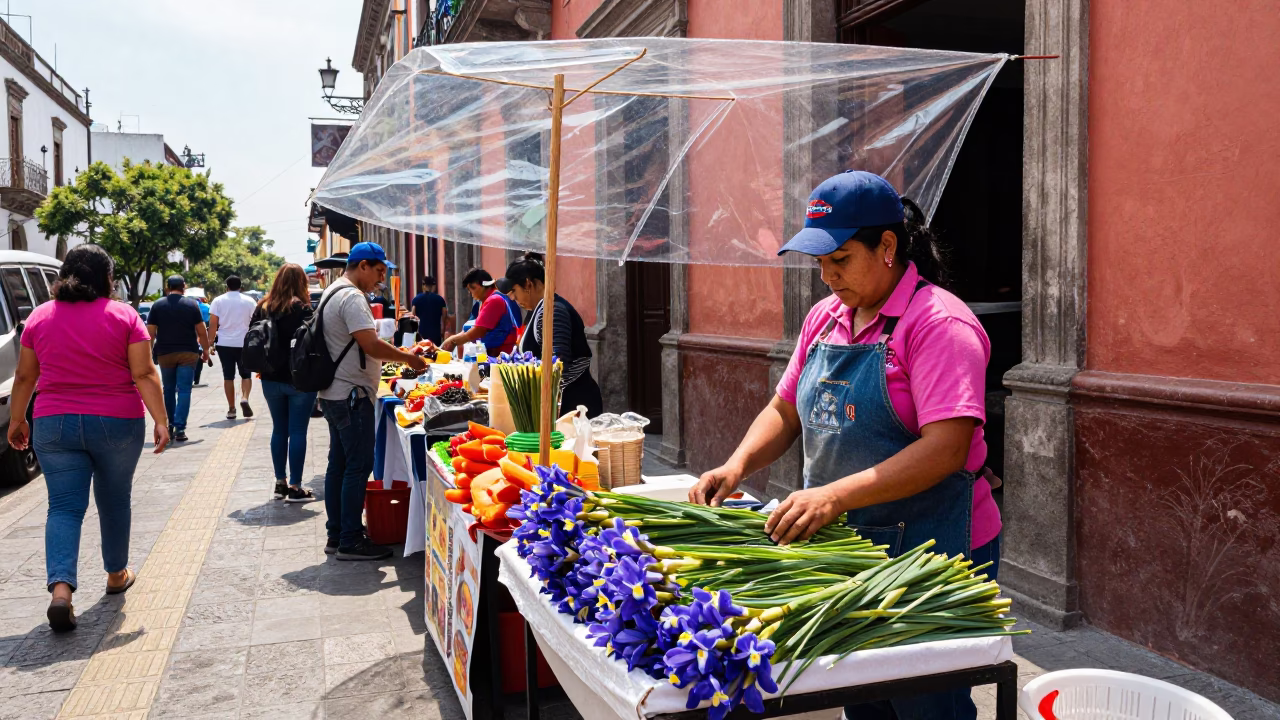 Vibrant Street Food Vendor in Mexico City Serving Fresh Wild Iris and Beetle Snacks in in Mexico City, Mexico