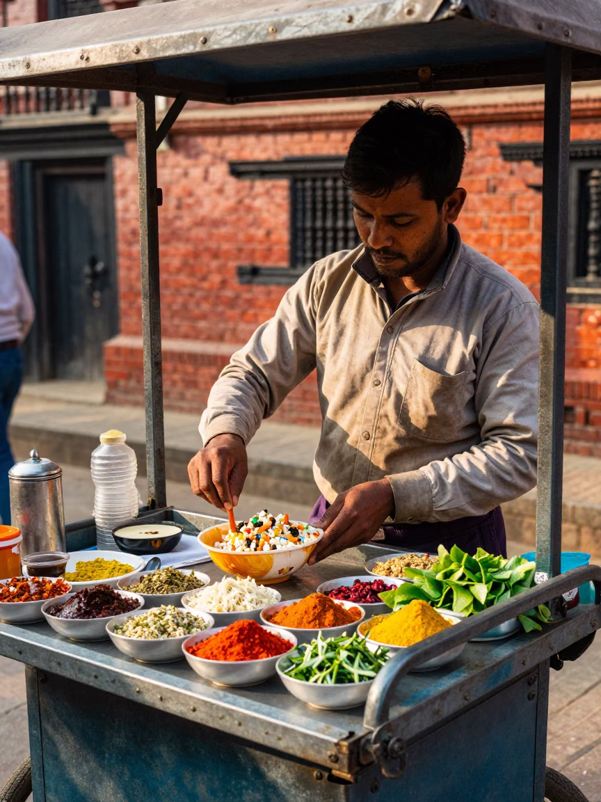 Vibrant Street Food Vendor Serving Chaat in Kathmandu Nepal Late Morning in in Kathmandu, Nepal