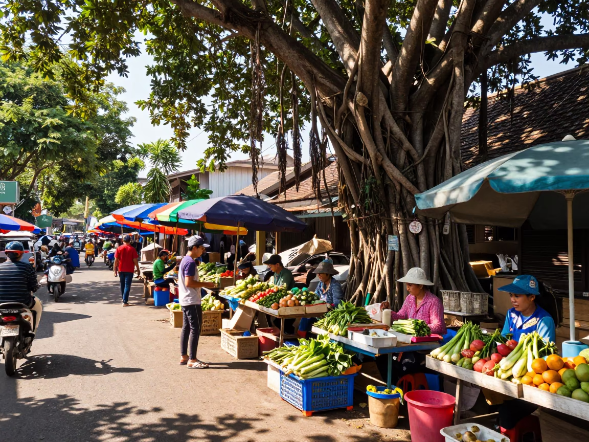 Vibrant Street Market Scene in Chiang Mai Thailand Under Noon Sunlight in in Chiang Mai, Thailand
