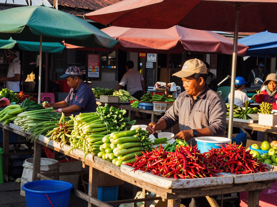 Vibrant Street Market Scene in Denpasar Indonesia Late Afternoon Light with Local Commerce in in Denpasar, Indonesia