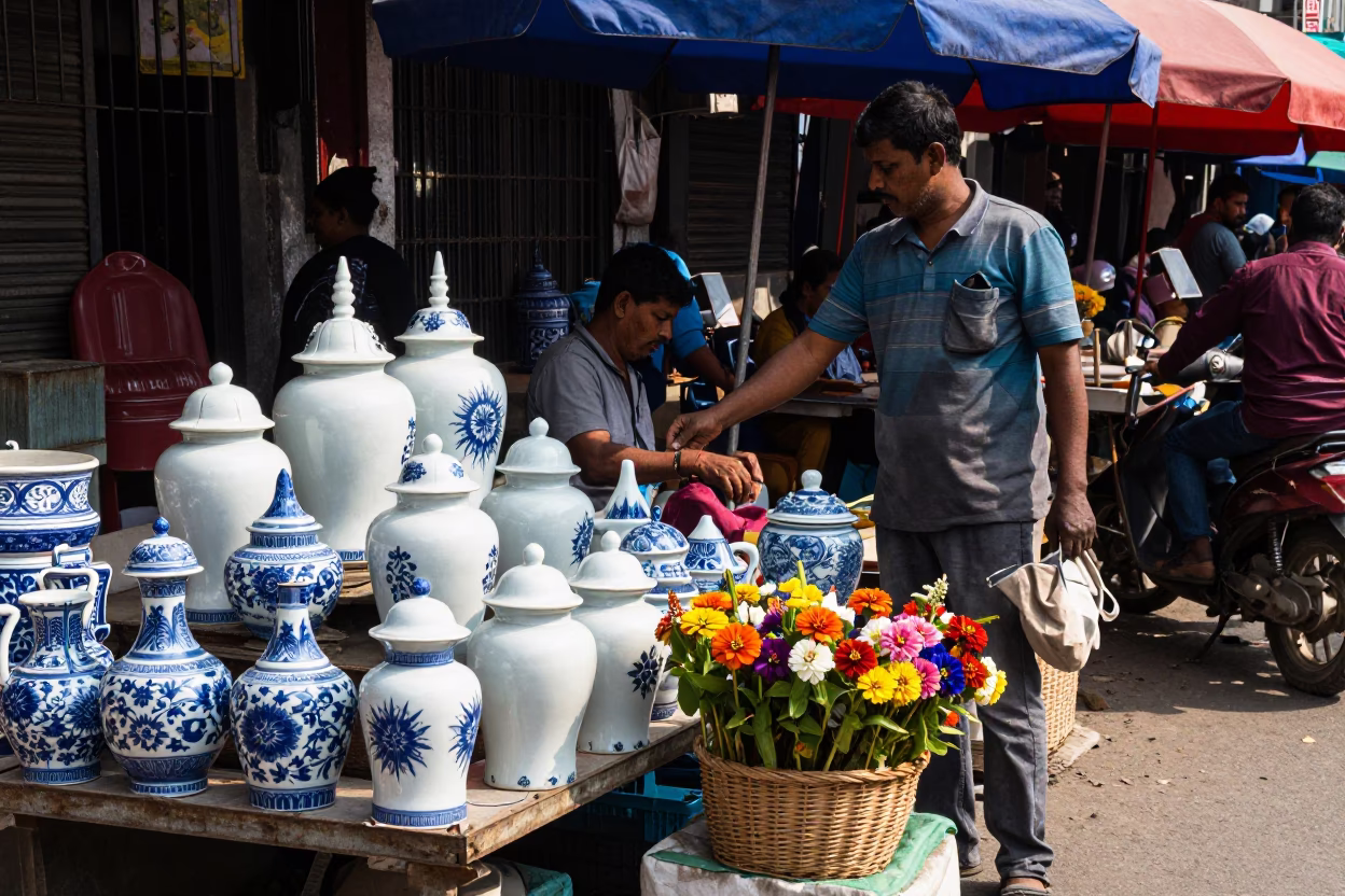 Vibrant Street Market Scene in Kolkata India with Blue Porcelain and Zinnias in in Kolkata, India