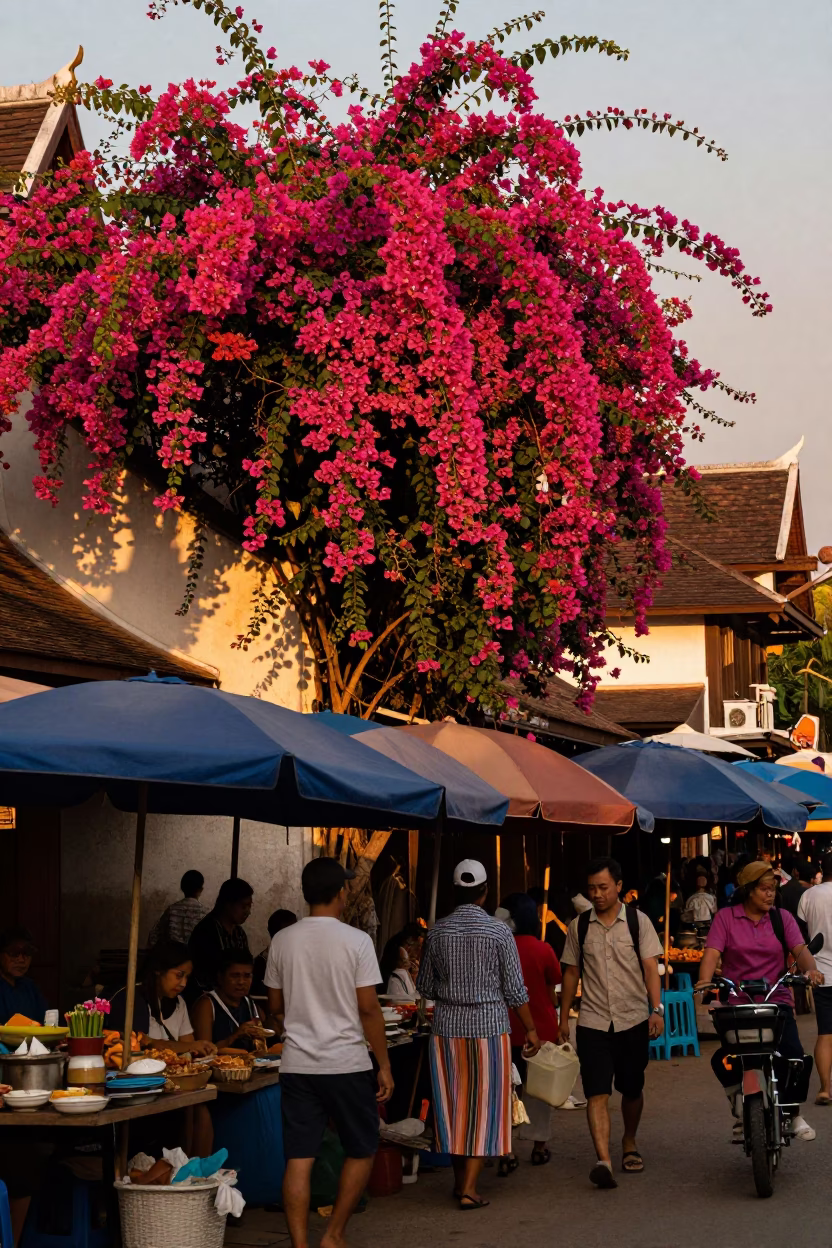 Vibrant Street Market Scene in Luang Prabang Laos with Bougainvillea and Traditional Goods in in Luang Prabang, Laos