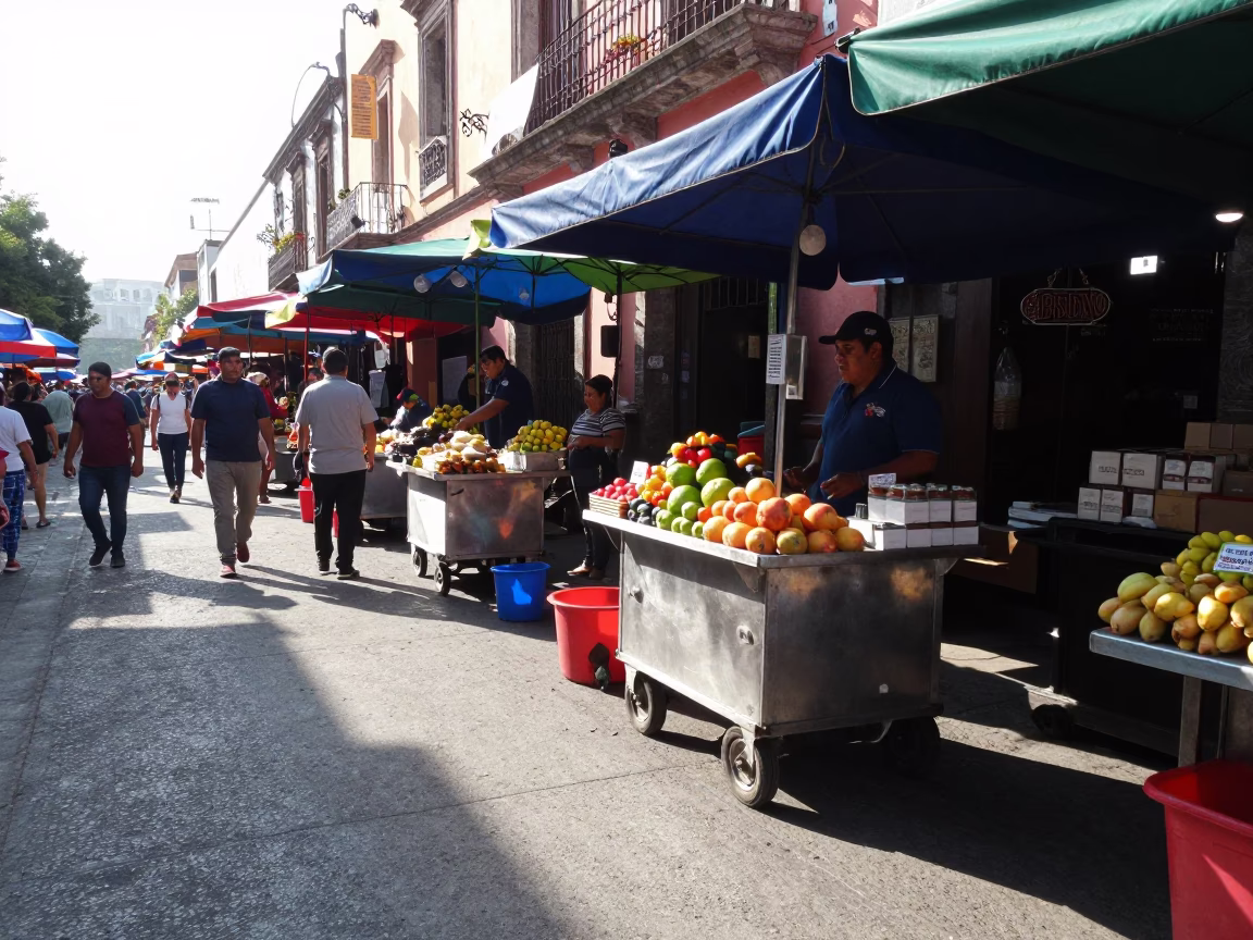 Vibrant Street Market Scene in Mexico City Late Morning with Local Food Vendors in in Mexico City, Mexico