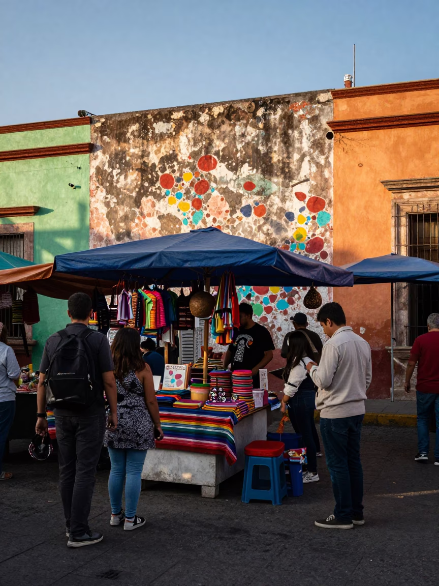 Vibrant Street Market Scene in Mexico City with Colorful Walls and Local Produce in in Mexico City, Mexico