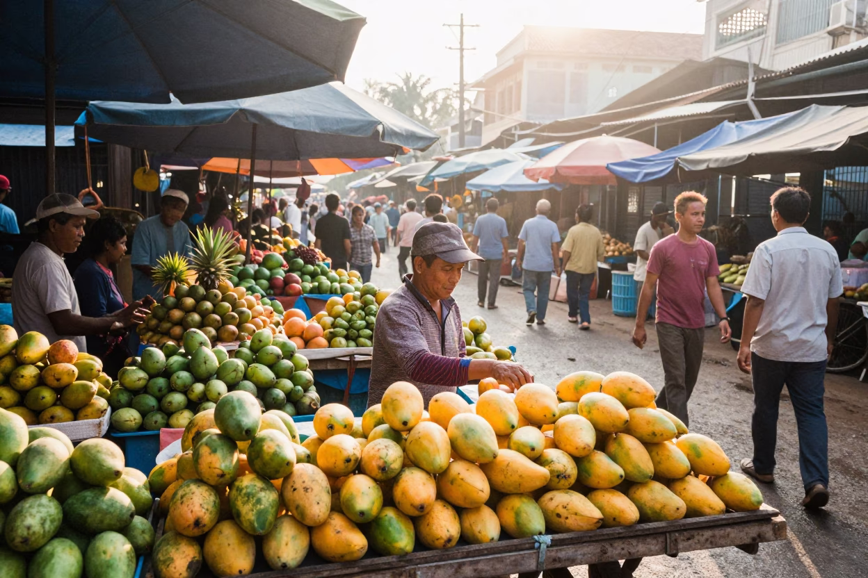 Vibrant Street Market Scene in Phnom Penh Cambodia Morning Light in in Phnom Penh, Cambodia