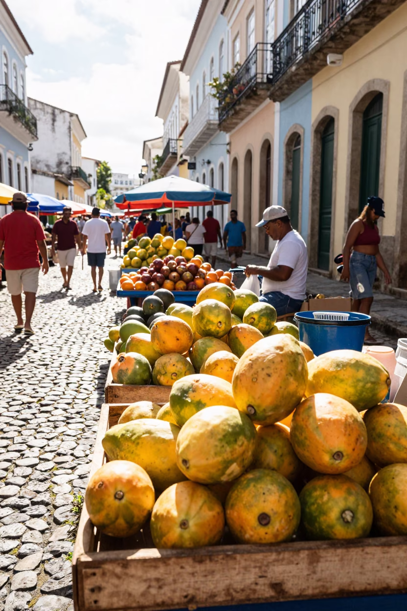 Vibrant Street Market Scene in Salvador Brazil Late Morning Papayas and Local Commerce in in Salvador, Brazil