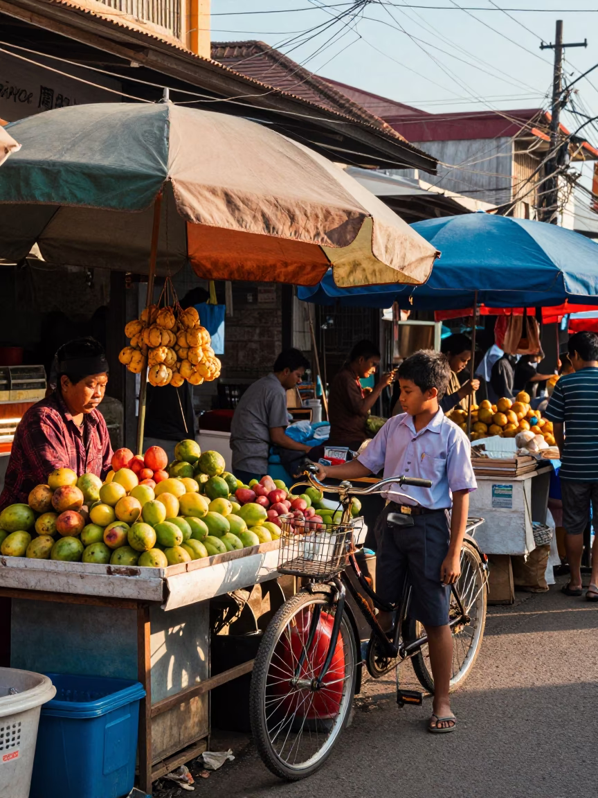 Vibrant Street Market Scene in Yogyakarta Indonesia Late Afternoon Light with Local Commerce in in Yogyakarta, Indonesia