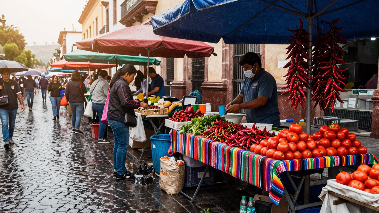 Vibrant Street Market Stall in Guadalajara After Morning Rain in in Guadalajara, Mexico