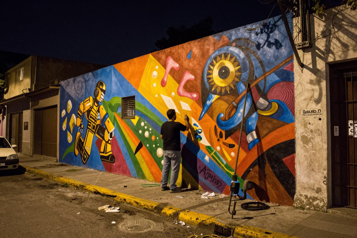 Vibrant Street Mural Painting at Night in Buenos Aires Argentina in in Buenos Aires, Argentina