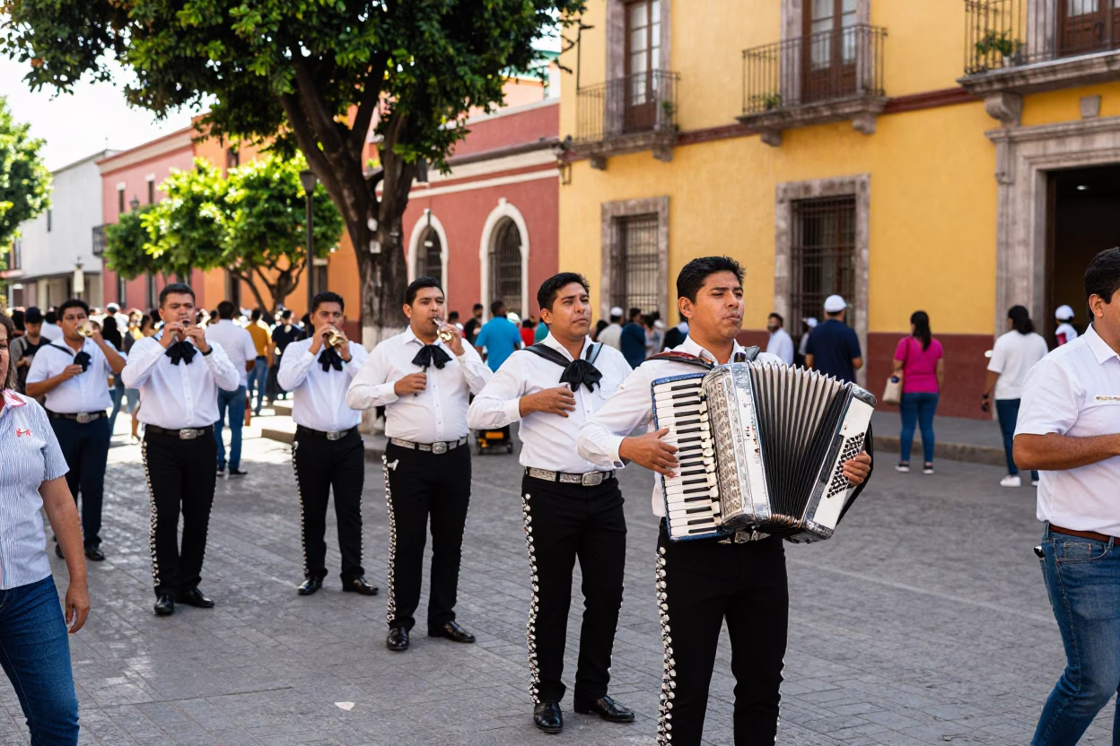 Vibrant Street Scene in 1960s Guadalajara Mexico with Musicians and Market Activity in in Guadalajara, Mexico