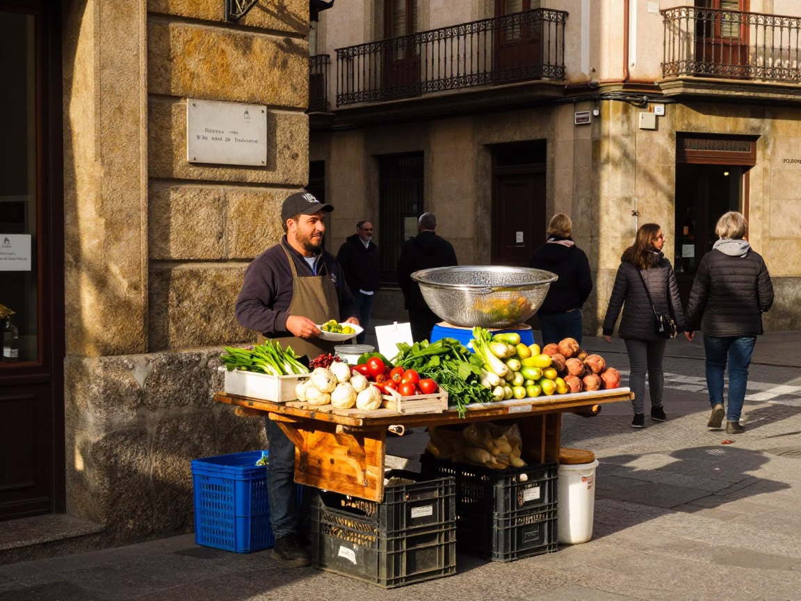 Vibrant Street Scene in Bilbao Spain with Traditional Food and Local Life in in Bilbao, Spain