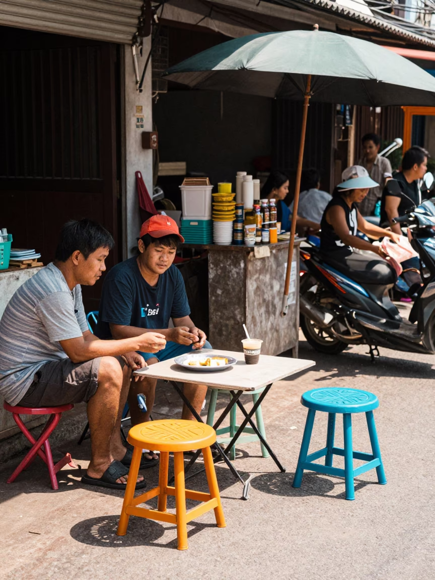 Vibrant Street Scene in Chiang Mai Thailand with Folding Stools and Coffee Cherries in in Chiang Mai, Thailand