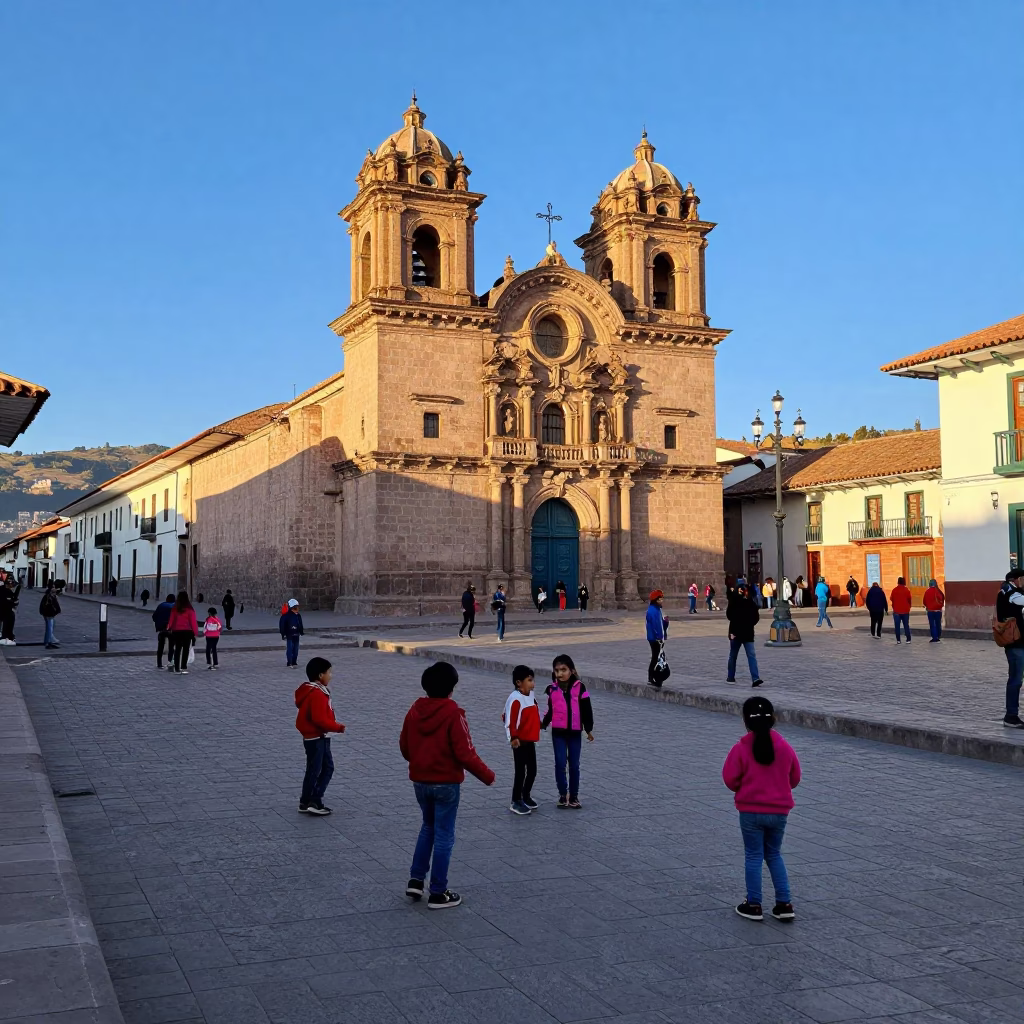 Vibrant Street Scene in Cusco Peru Late Afternoon Light with Local Life in in Cusco, Peru