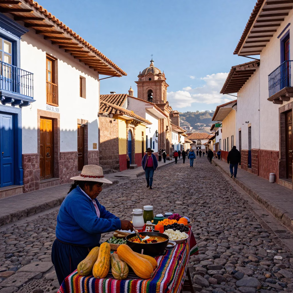 Vibrant Street Scene in Cusco Peru Late Afternoon with Traditional Market Goods in in Cusco, Peru