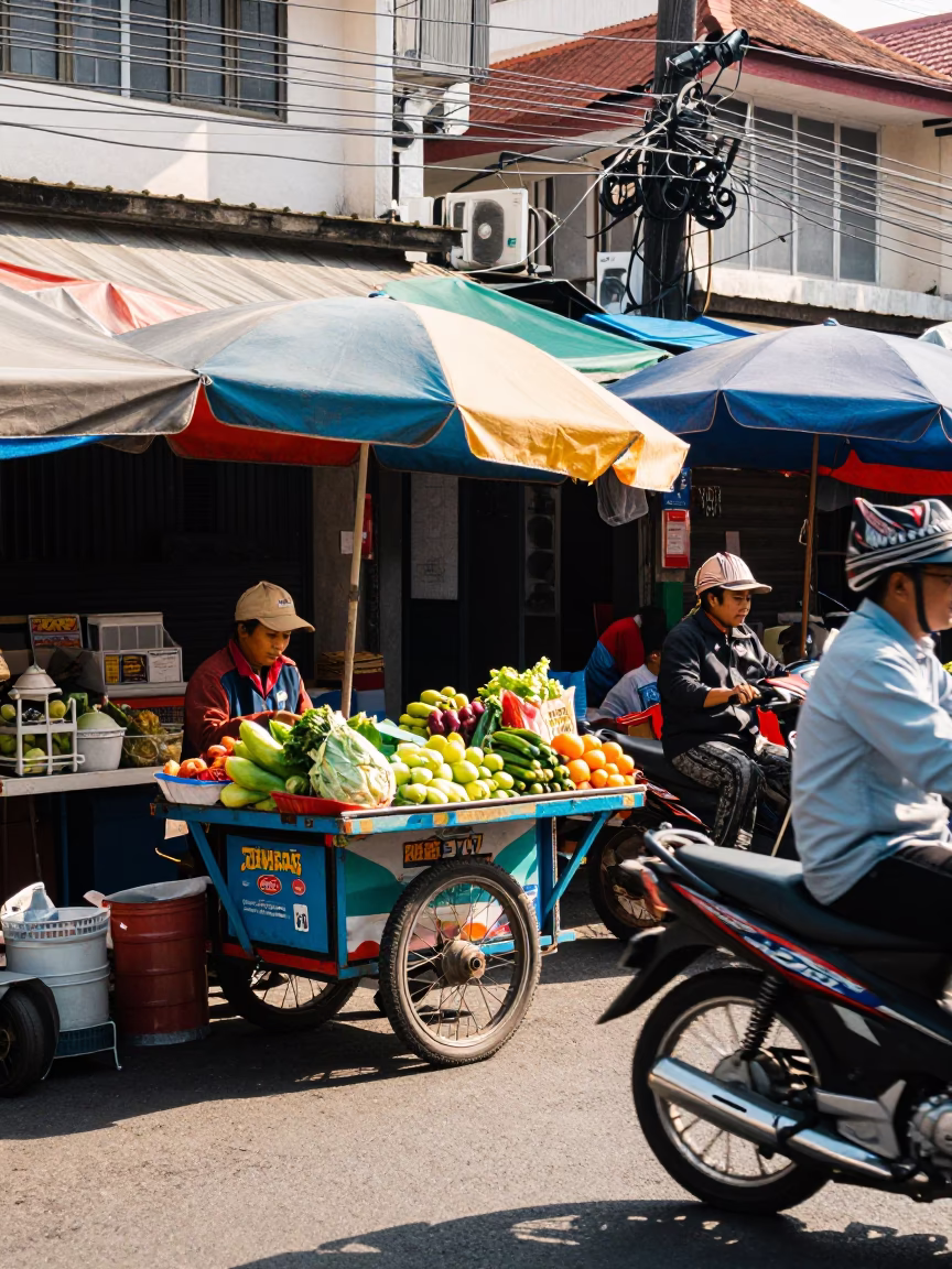 Vibrant Street Scene in Denpasar Indonesia Midmorning Light with Local Market Activity in in Denpasar, Indonesia
