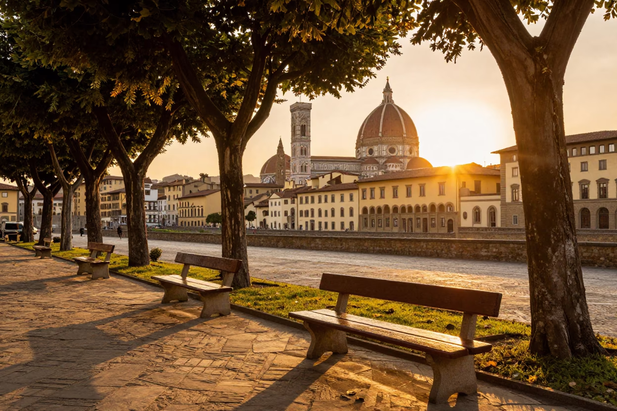 Vibrant Street Scene in Florence Italy Evening Light with Garden Benches and Local Life in in Florence, Italy