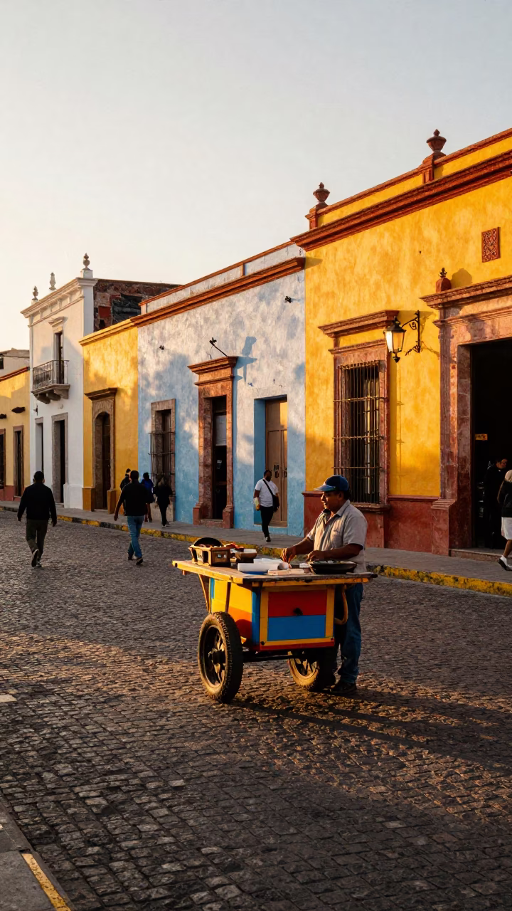 Vibrant Street Scene in Guadalajara Mexico During Golden Hour with Colorful Architecture in in Guadalajara, Mexico