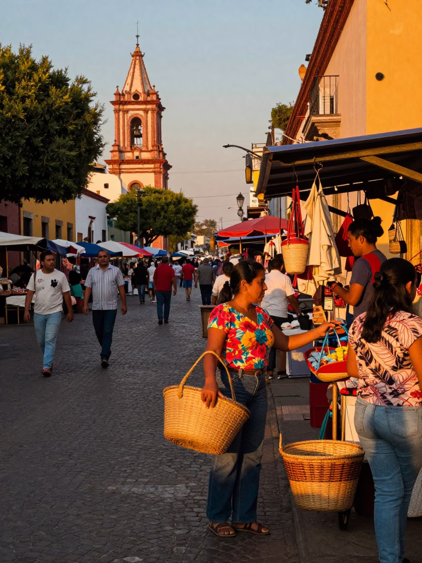 Vibrant Street Scene in Guadalajara Mexico Evening Light with Local Market Activity in in Guadalajara, Mexico