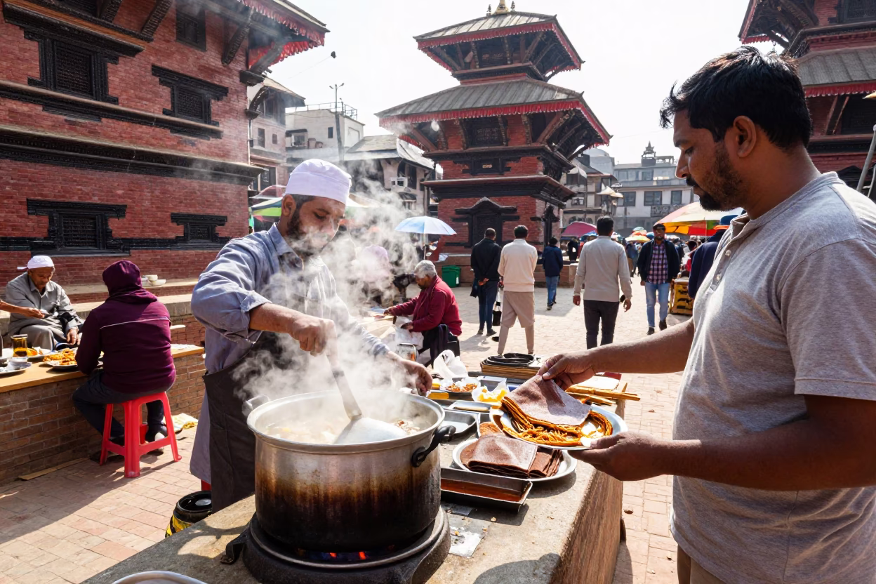 Vibrant Street Scene in Kathmandu Nepal with Traditional Food and Daily Life in in Kathmandu, Nepal