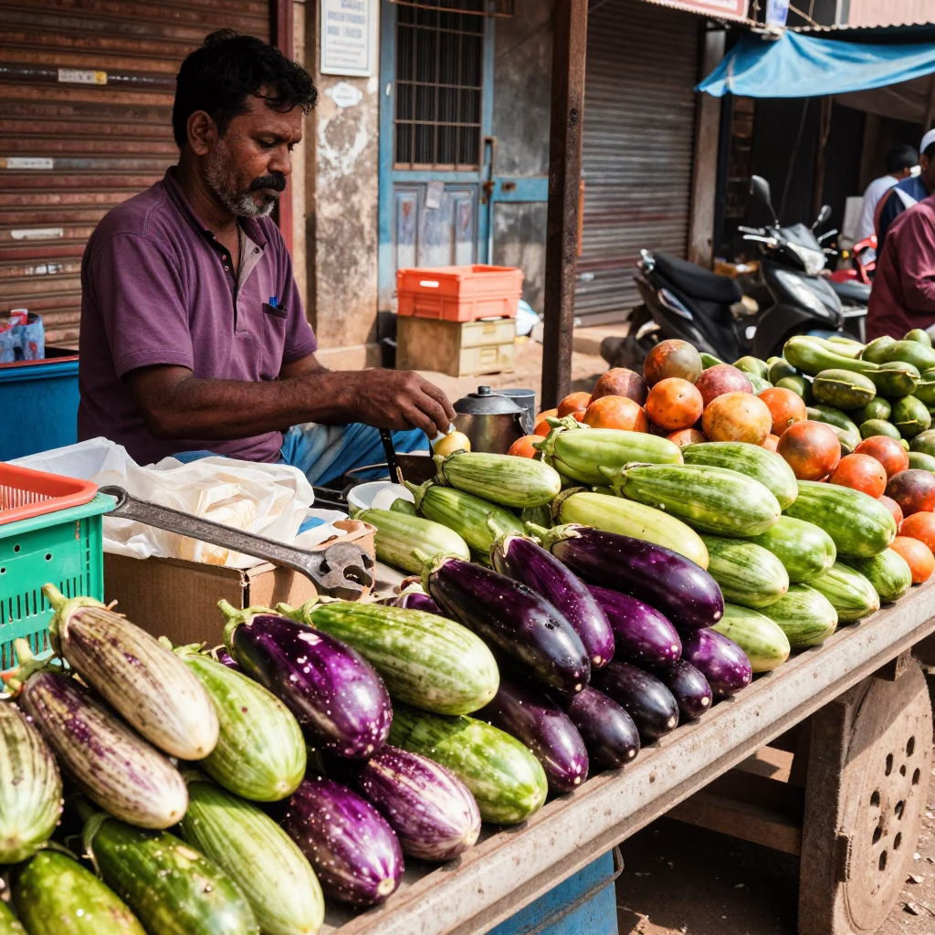 Vibrant Street Scene in Kochi India Featuring Wrench Eggplants and Local Market Activity in in Kochi, India