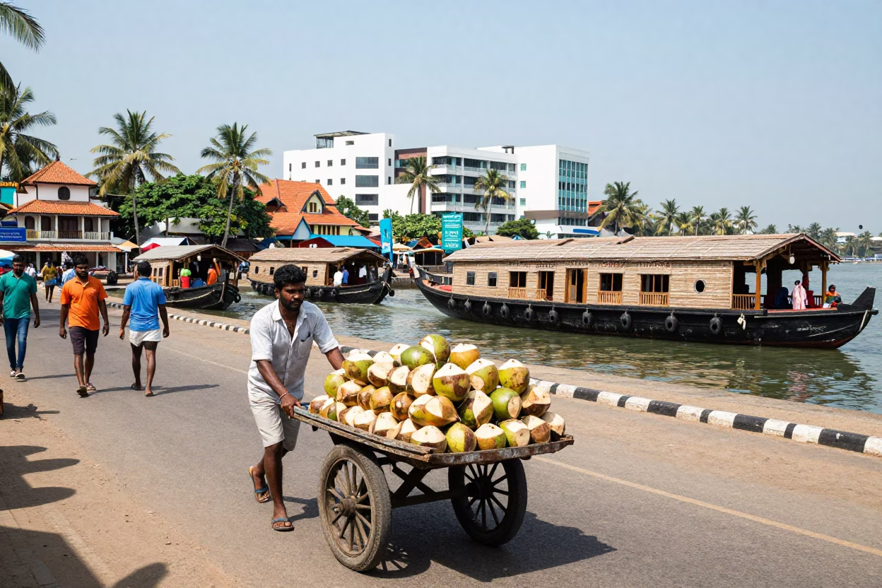 Vibrant Street Scene in Kochi India with Traditional Houseboats and Modern Traffic in in Kochi, India