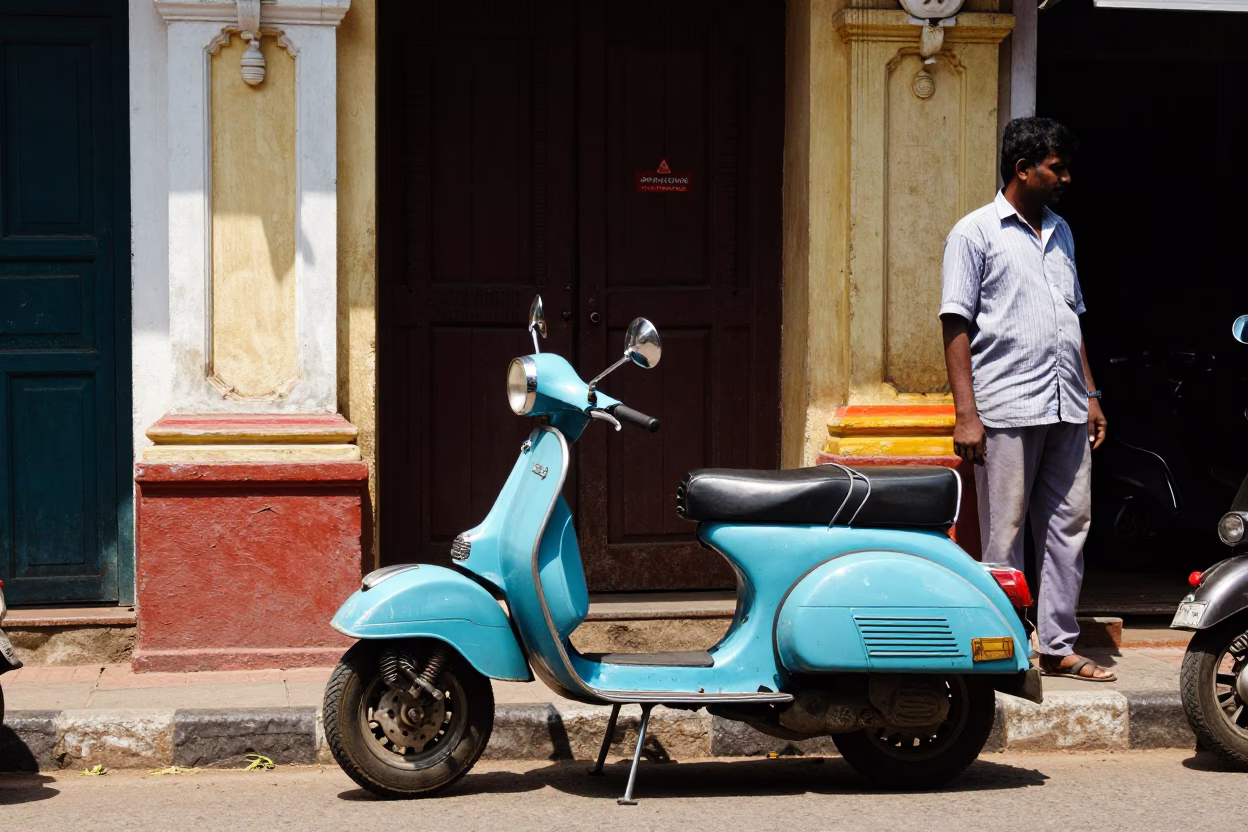 Vibrant Street Scene in Kochi India with Vintage Vespa and Traditional Architecture in in Kochi, India