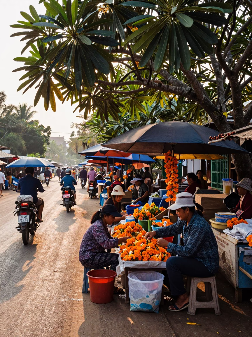 Vibrant Street Scene in Luang Prabang Laos Early Afternoon Market Activity in in Luang Prabang, Laos